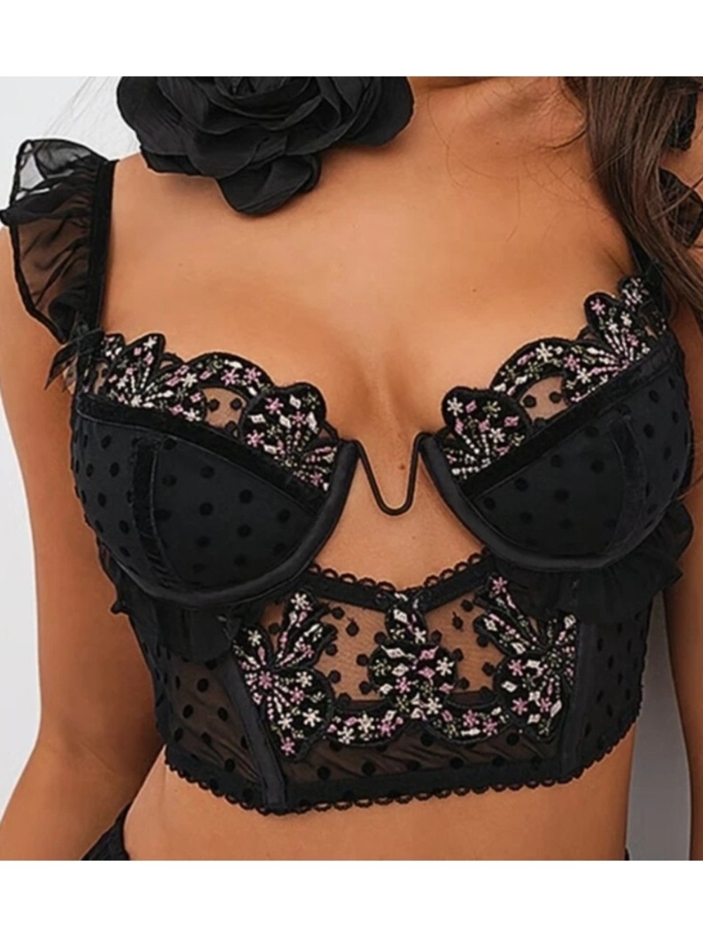 NWOT For Love & Lemons Caprice Black Floral Embroidered Bustier 34C